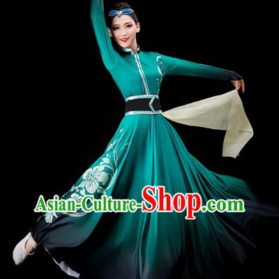 Chinese Stage Performance Clothing Mongol Nationality Dance Green Dress Ethnic Dance Costume