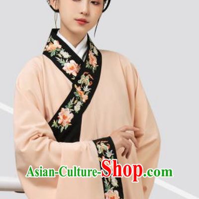 Chinese Traditional Embroidered Hanfu Long Gown Ancient Noble Woman Apricot Dress Ming Dynasty Garment Costume