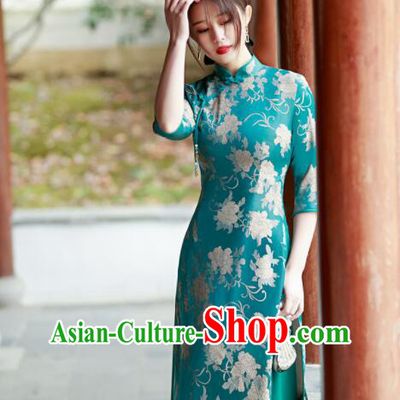 Chinese Traditional Green Cheongsam Middle Sleeve Dress Aodai Qipao