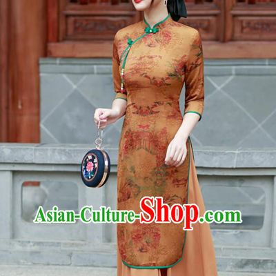 Chinese Aodai Qipao Traditional Gambiered Guangdong Gauze Cheongsam Middle Sleeve Dress