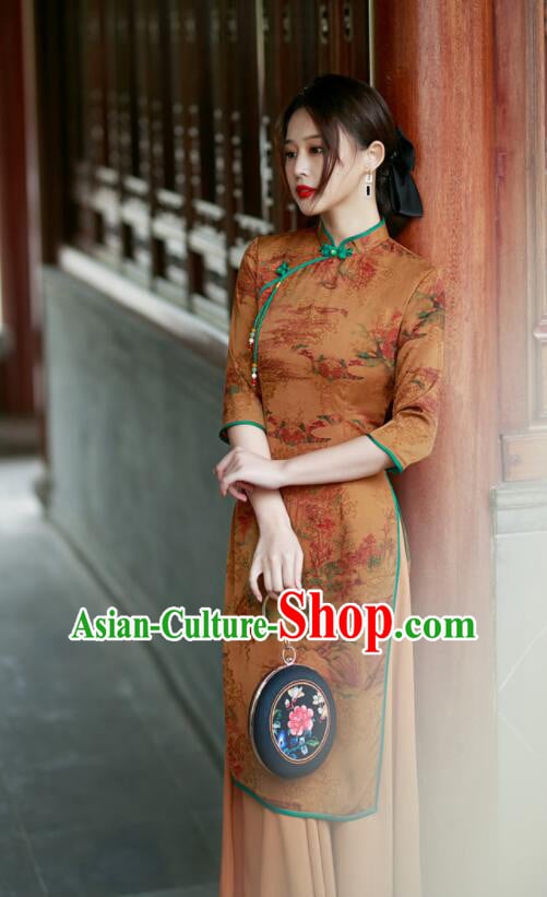 Chinese Aodai Qipao Traditional Gambiered Guangdong Gauze Cheongsam Middle Sleeve Dress