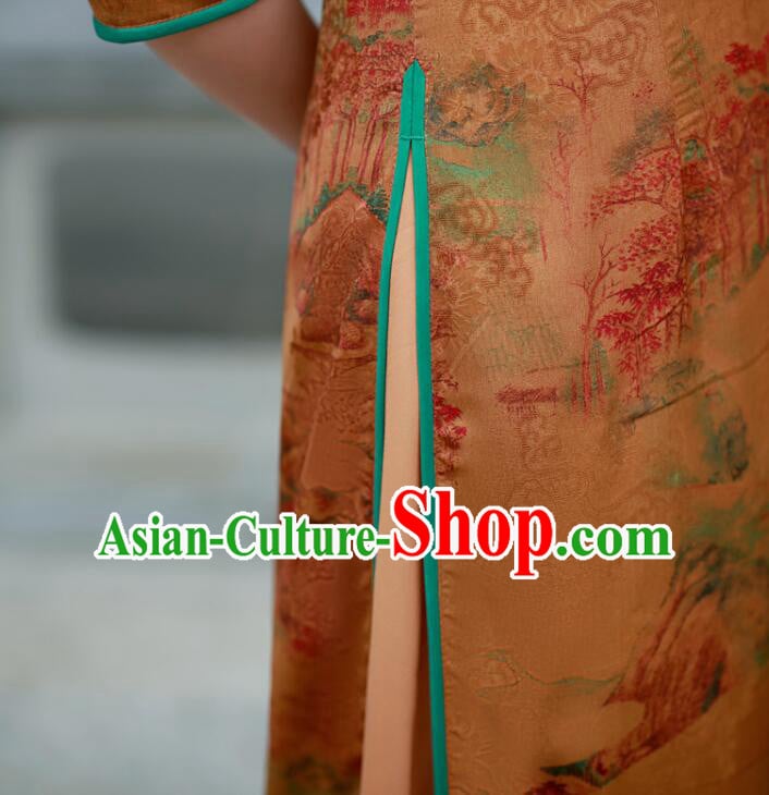 Chinese Aodai Qipao Traditional Gambiered Guangdong Gauze Cheongsam Middle Sleeve Dress