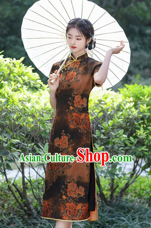Chinese Aodai Qipao Traditional Brown Dress Classical Gambiered Guangdong Gauze Cheongsam Chinese Aodai Qipao Traditional Brown Dress Classical Gambiered Guangdong Gauze Cheongsam