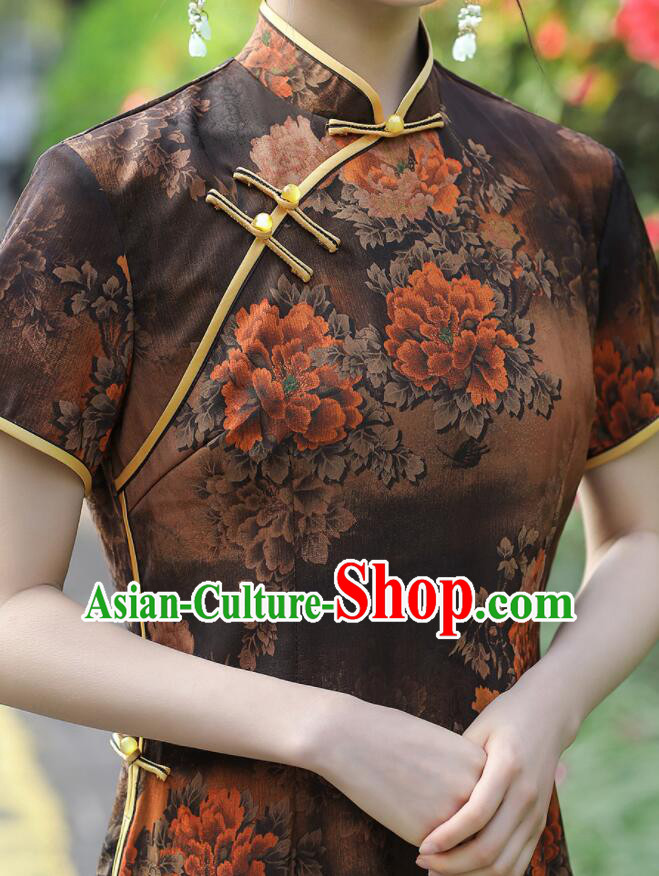 Chinese Aodai Qipao Traditional Brown Dress Classical Gambiered Guangdong Gauze Cheongsam Chinese Aodai Qipao Traditional Brown Dress Classical Gambiered Guangdong Gauze Cheongsam