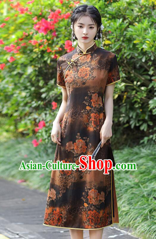 Chinese Aodai Qipao Traditional Brown Dress Classical Gambiered Guangdong Gauze Cheongsam Chinese Aodai Qipao Traditional Brown Dress Classical Gambiered Guangdong Gauze Cheongsam