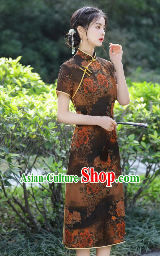 Chinese Aodai Qipao Traditional Brown Dress Classical Gambiered Guangdong Gauze Cheongsam Chinese Aodai Qipao Traditional Brown Dress Classical Gambiered Guangdong Gauze Cheongsam