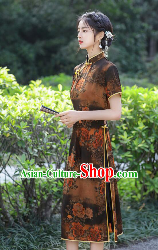 Chinese Aodai Qipao Traditional Brown Dress Classical Gambiered Guangdong Gauze Cheongsam Chinese Aodai Qipao Traditional Brown Dress Classical Gambiered Guangdong Gauze Cheongsam
