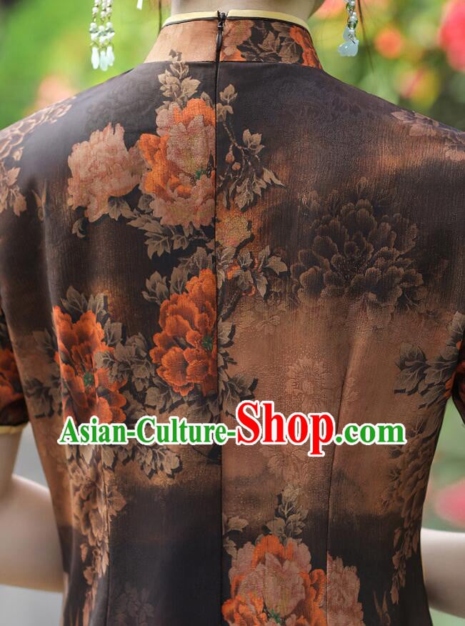 Chinese Aodai Qipao Traditional Brown Dress Classical Gambiered Guangdong Gauze Cheongsam Chinese Aodai Qipao Traditional Brown Dress Classical Gambiered Guangdong Gauze Cheongsam