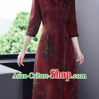 Chinese Classical Gambiered Guangdong Gauze Cheongsam Aodai Qipao Traditional Wine Red Dress