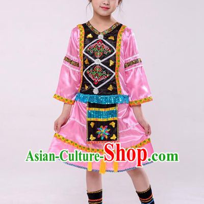 Chinese Yugu Nationality Girl Pink Dress Outfit Ethnic Dance Garment Costume Stage Performance Clothing