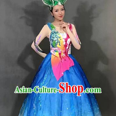 Chinese Flower Dance Garment Costume Spring Festival Gala Opening Dance Clothing Stage Performance Blue Dress