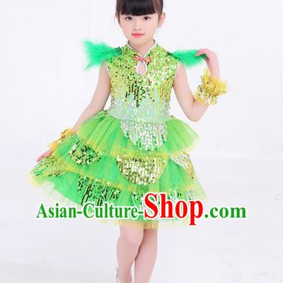 Top Modern Dance Costume Children Day Performance Clothing Girl Dance Green Dress