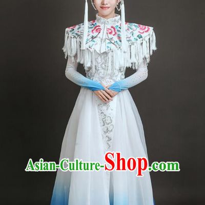 Chinese Ethnic Festival Clothing Folk Dance White Dress Qiang Nationality Dance Costume