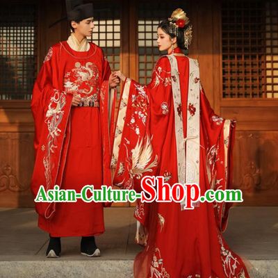 Chinese Traditional Wedding Garment Costumes Song Dynasty Bride and Groom Embroidered Clothing Complete Set