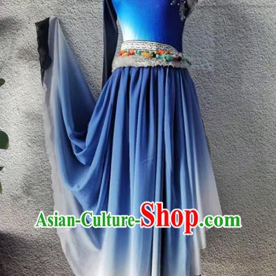 Chinese Folk Dance Blue Dress Outfit Tibetan Dance Garment Costumes Zang Nationality Stage Performance Clothing