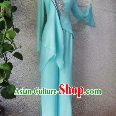 Chinese Women Stage Performance Clothing Classical Dance Light Blue Outfit Fan Dance Garment Costumes