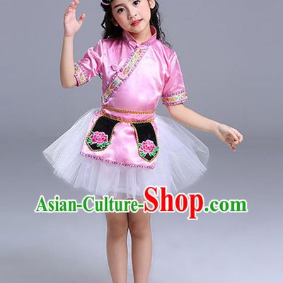 Chinese Ethnic Girl Folk Dance Costume Stage Performance Clothing Salar Nationality Dance Pink Dress Outfit