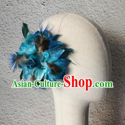 China Stage Performance Headwear Peacock Dance Hair Accessories Pavane Dance Blue Feather Headpiece