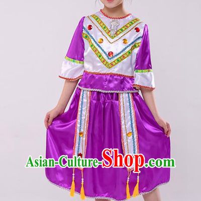 Chinese Stage Performance Clothing Naxi Nationality Dance Purple Dress Outfit Yunnan Ethnic Girl Folk Dance Costume