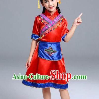 Chinese Stage Performance Clothing Tu Nationality Dance Red Dress Outfit Ethnic Girl Folk Dance Costume
