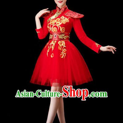 Chinese Stage Performance Red Short Dress Modern Dance Costume Drum Dance Women Group Dance Clothing