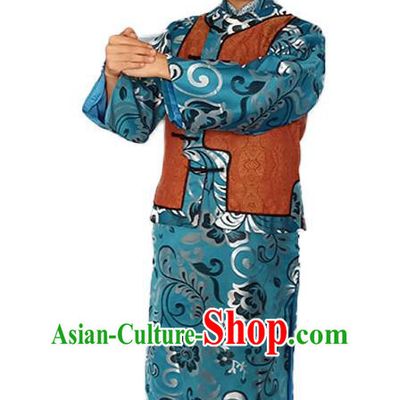 Chinese Qing Dynasty Childe Clothing Ancient Merchant Garment Costumes Traditional Young Master Blue Outfit