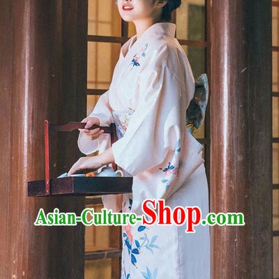 Japan Traditional Young Lady Garment White Kimono Japanese Summer Festival Yukata Dress