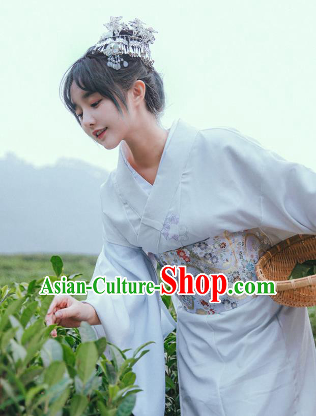 Japanese Young Lady Garment Printing White Kimono Japan Traditional Summer Festival Yukata Dress