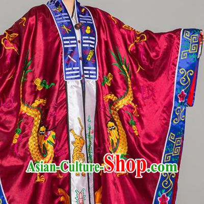 Chinese Traditional Taoism Wine Red Silk Garment Costume Handmade Taoist Robe Embroidered Dragon Priest Frock