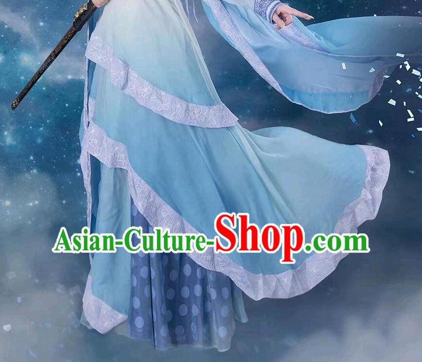 China Ancient Fairy Princess Blue Dress Clothing TV Series Chinese Paladin Long Kui Costumes China Ancient Fairy Princess Blue Dress Clothing TV Series Chinese Paladin Long Kui Costumes