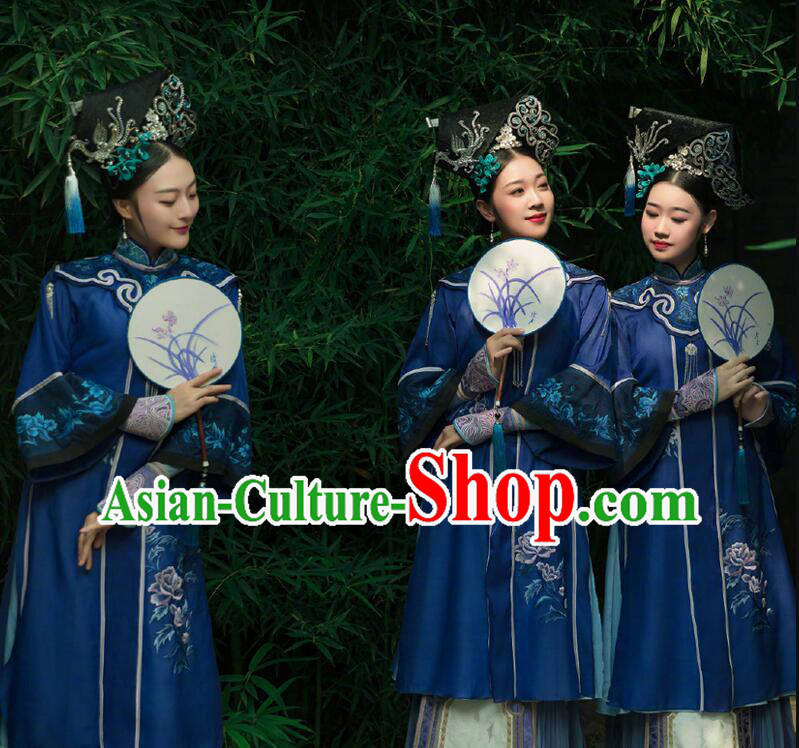 Traditional Qing Dynasty Palace Dance Dress Chinese Ancient Empress Blue Costumes Traditional Qing Dynasty Palace Dance Dress Chinese Ancient Empress Blue Costumes