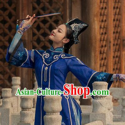 Traditional Qing Dynasty Palace Dance Dress Chinese Ancient Empress Blue Costumes