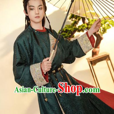 Chinese Ancient Swordsman Garment Costume Tang Dynasty Noble Childe Clothing Traditional Hanfu Dark Green Robe