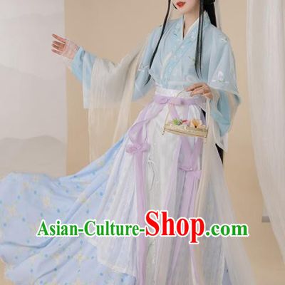 Chinese Jin Dynasty Garment Costumes Ancient Palace Princess Clothing Traditional Embroidered Blue Hanfu Dress