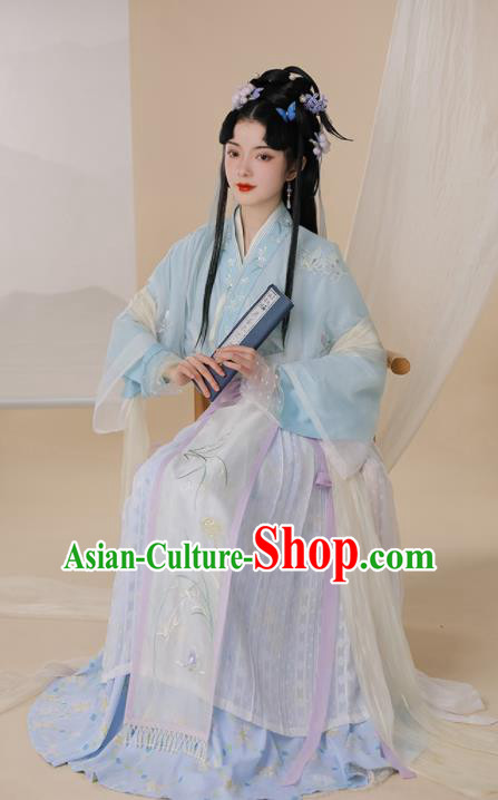 Chinese Jin Dynasty Garment Costumes Ancient Palace Princess Clothing Traditional Embroidered Blue Hanfu Dress Chinese Jin Dynasty Garment Costumes Ancient Palace Princess Clothing Traditional Embroidered Blue Hanfu Dress