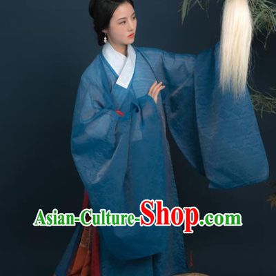 Chinese Ming Dynasty Historical Costume Ancient Noble Woman Blue Silk Long Gown