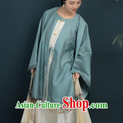 Chinese Ancient Noble Mistress Blue Silk Blouse and White Skirt Ming Dynasty Historical Costume Complete Set