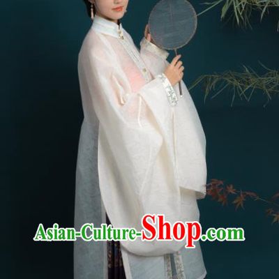 Chinese Ming Dynasty Noble Woman Historical Costume Ancient Fairlady Beige Long Gown and Purple Skirt Complete Set