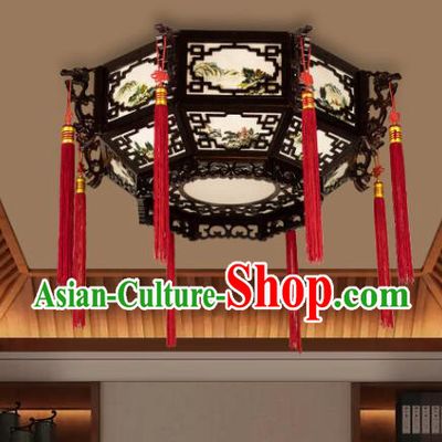 Chinese Traditional Ceiling Lamp Landscape Painting Ceiling Lantern Handmade Rosewood Lantern