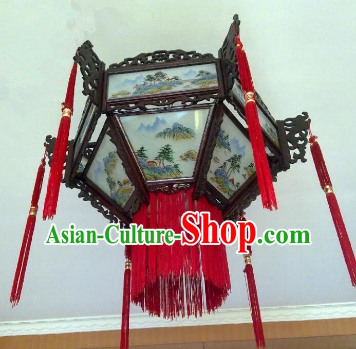 Chinese Handmade Rosewood Lantern Traditional Ceiling Lamp Landscape Painting Ceiling Lantern Chinese Handmade Rosewood Lantern Traditional Ceiling Lamp Landscape Painting Ceiling Lantern