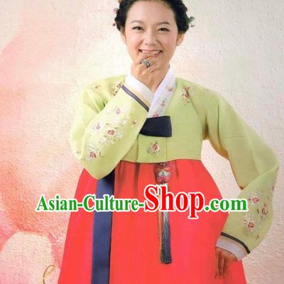 Top Handmade Hanbok Korean Bride Garment Costumes Embroidered Green Blouse and Red Dress Complete Set