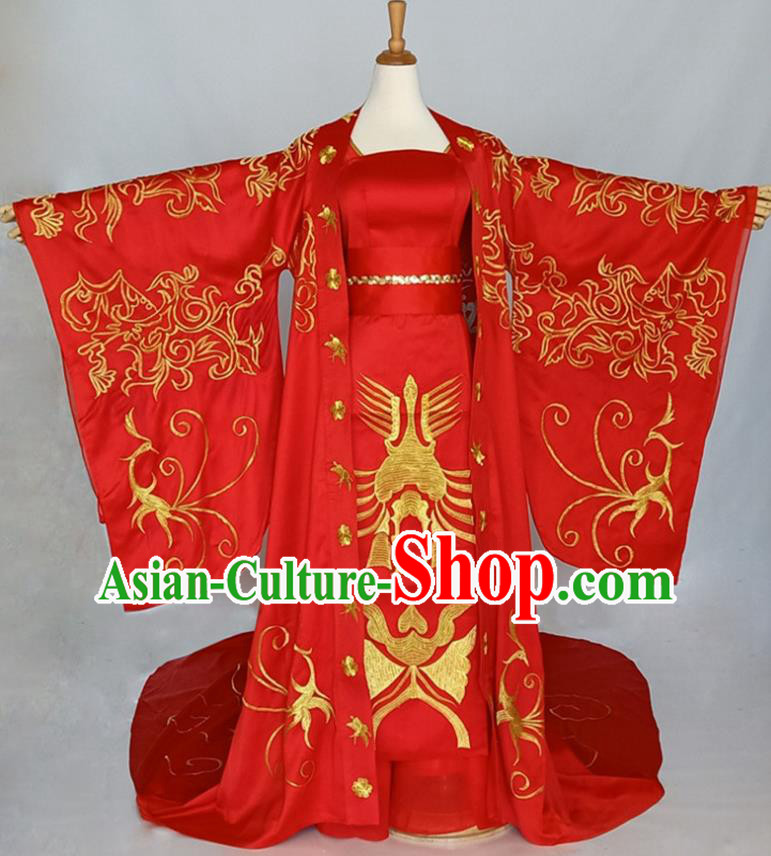Chinese Tang Dynasty Empress Clothing Ancient Embroidered Red Dress Wedding Costume