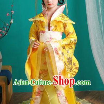Chinese Ancient Imperial Concubine Yellow Trailing Dress Tang Dynasty Imperial Empress Garment Costume Children Clothing