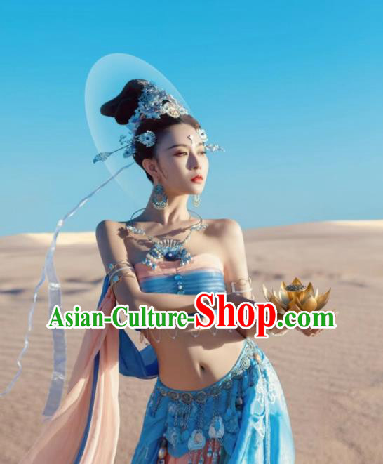 Chinese Classical Flying Apsaras Dance Clothing Dunhuang Dance Blue Dress Ancient Goddess Garments Chinese Classical Flying Apsaras Dance Clothing Dunhuang Dance Blue Dress Ancient Goddess Garments