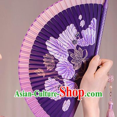 Chinese Handmade Bamboo Fan Traditional Folding Fans Painting Lotus Fan