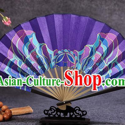 Chinese Handmade Accordion Bamboo Fan Traditional Folding Fans Painting Purple Silk Fan