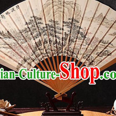 Chinese Ink Painting Landscape Fan Handmade Xuan Paper Accordion Bamboo Fan Traditional Folding Fans