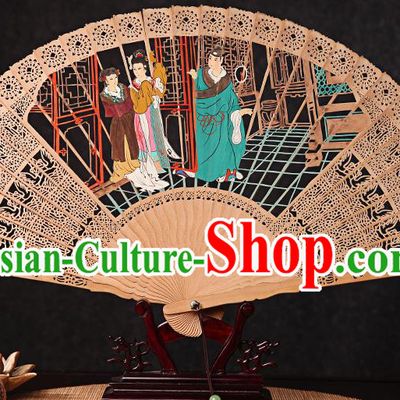 Chinese Handmade Craft Accordion Sandalwood Collection Fan Traditional Folding Fans Carved Romance of the Western Chamber Fan
