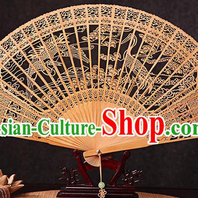 Chinese Carved Pine Crane Fan Handmade Craft Accordion Sandalwood Collection Fan Traditional Folding Fans