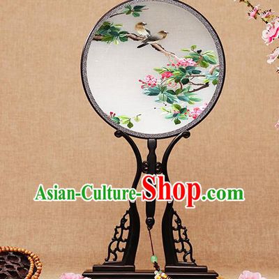 Chinese Circular Fan Handmade Palace Fan Traditional Embroidery Bird Flower Fan Silk Fan